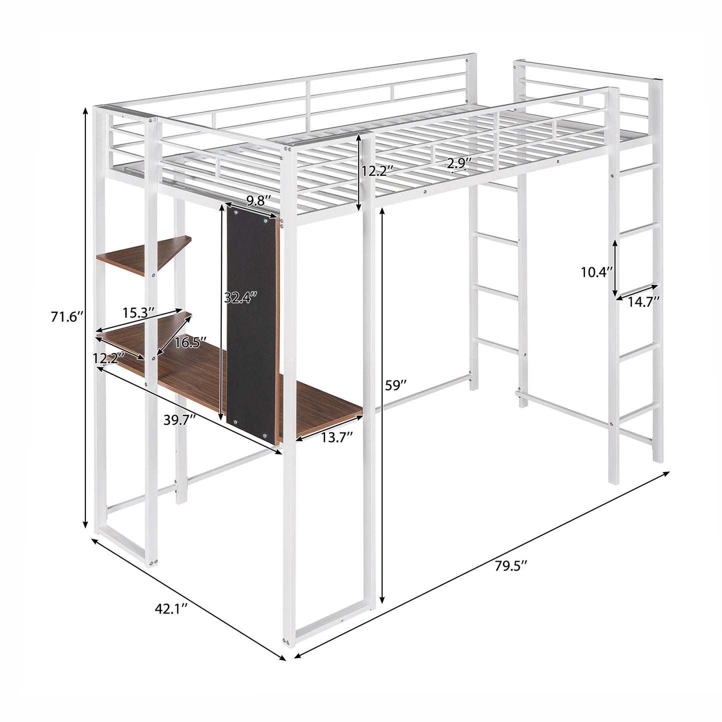 Twin Metal Loft Bed with 2 Shelves and 1 Desk